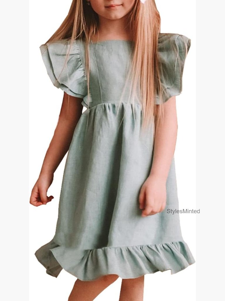 Girls Linen A-Line Ruffle Hem Dress Flutter Sleeve Knee Length Summer